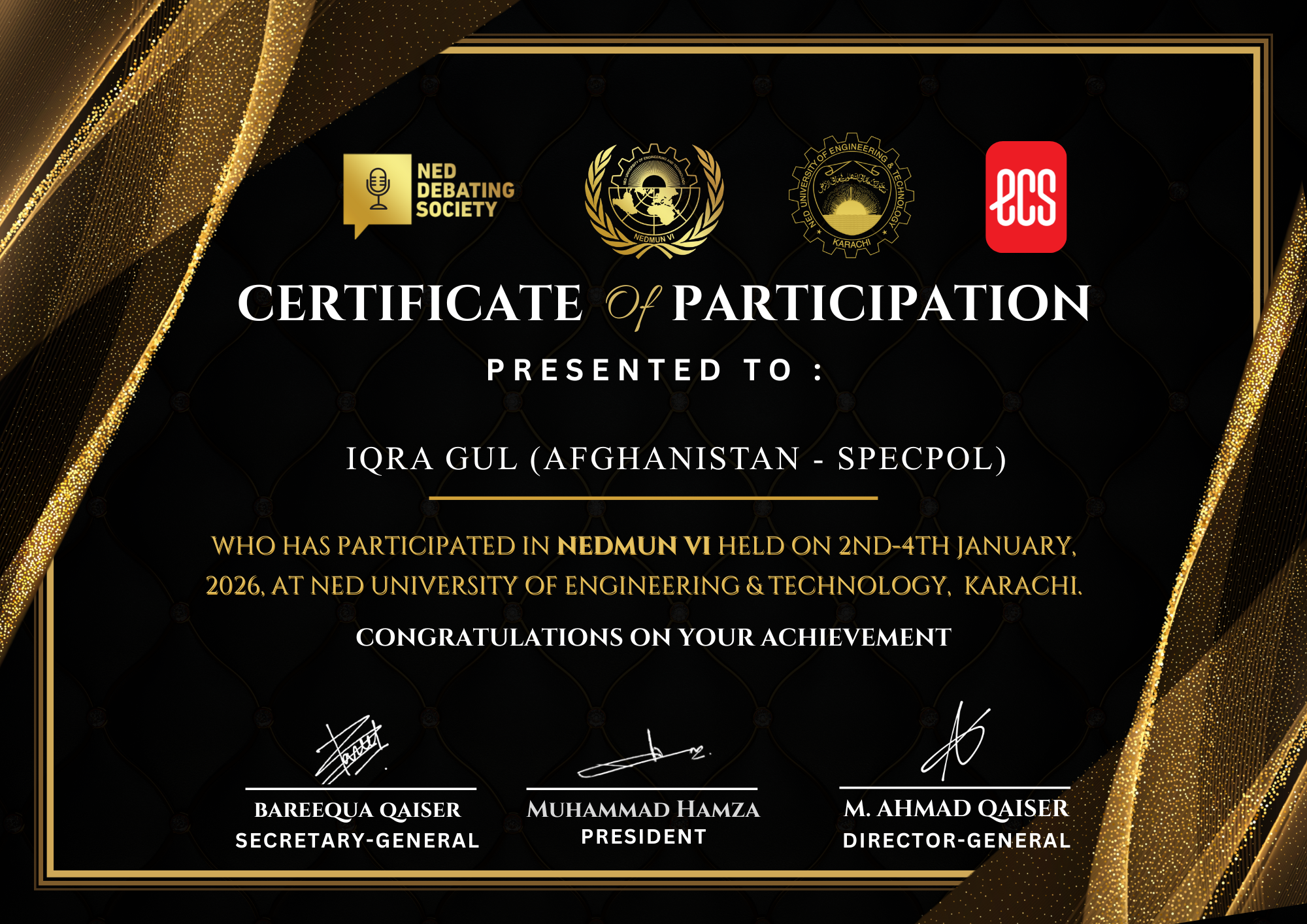 NEDMUN VI Special Mention Certificate